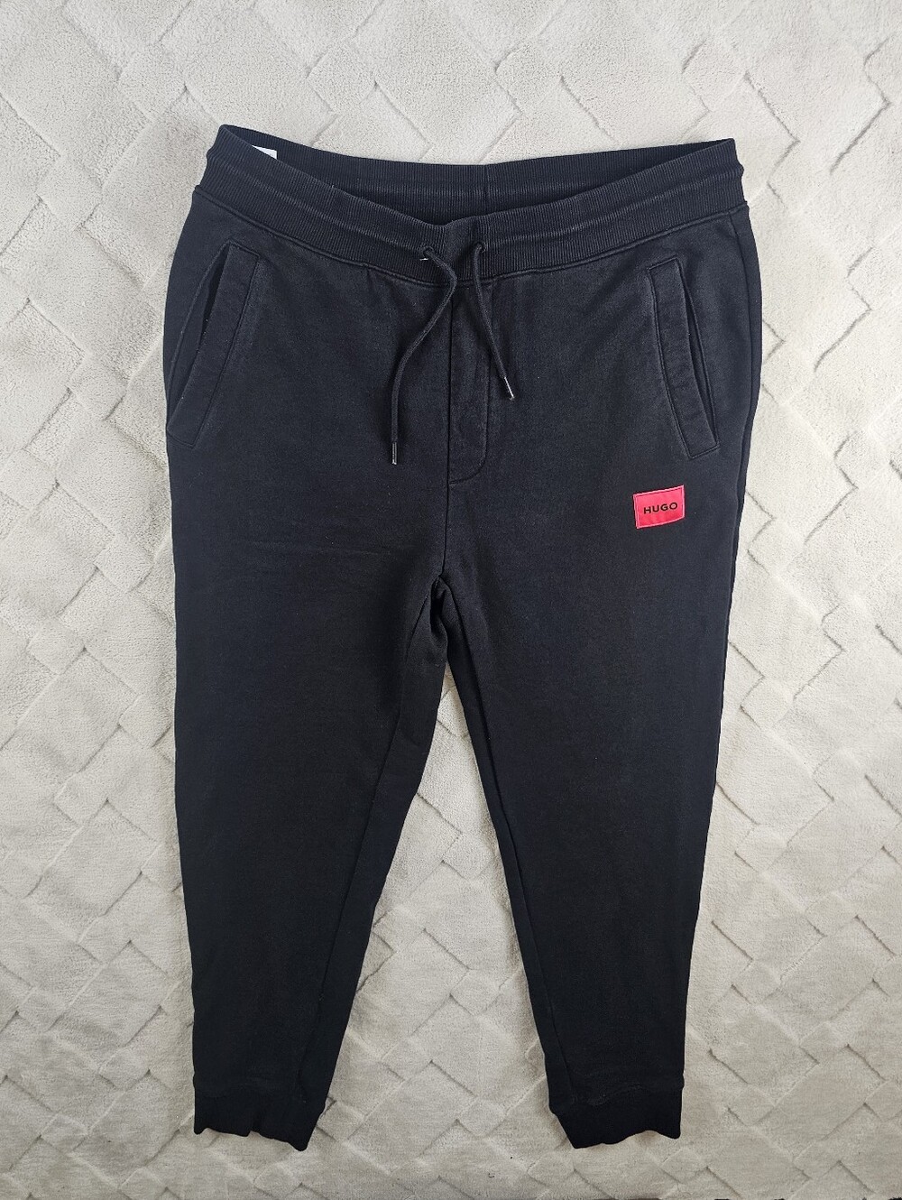 HUGO Black Fleece Jogger Pants Mens Extra Large with Patch Logo Elastic Waist